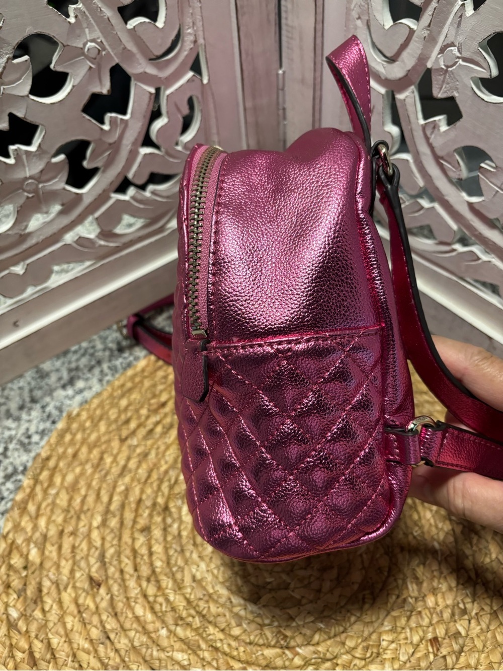 Guess Metallic Quilted Mini Backpack - Magenta with gift set - Picture 10 of 14